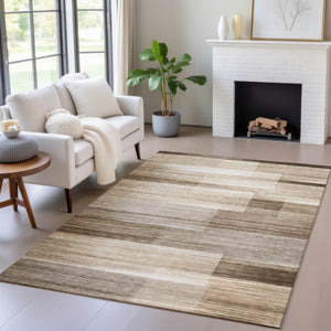 HomeRoots 5' Durable Brown and Ivory Striped Area Rug for Indoor or Outdoor Spaces - Stylish, Washable Design 8' X 10' 630978