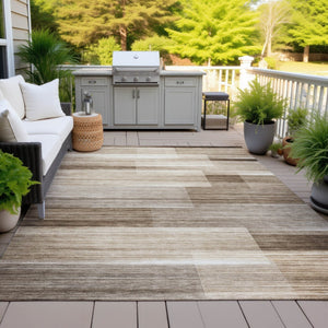 HomeRoots 5' Durable Brown and Ivory Striped Area Rug for Indoor or Outdoor Spaces - Stylish, Washable Design 9' X 12' 630979