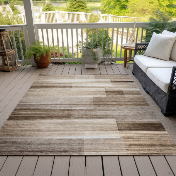 HomeRoots 5' Durable Brown and Ivory Striped Area Rug for Indoor or Outdoor Spaces - Stylish, Washable Design 9' X 12' 630979
