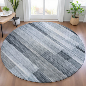 HomeRoots 5' Durable Denim Blue and Ivory Striped Area Rug for Indoor and Outdoor Spaces, Easy Care & Stylish 8' Round 630983