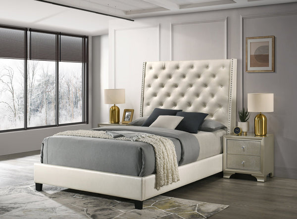 English Elm 1Pc Pearl White Queen Panel Bed - Elegant Upholstered Design With Button Tufting & Nailhead Trim B011S01446