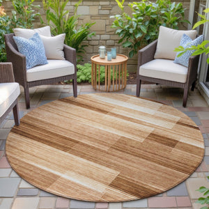 HomeRoots 5' Stylish Rust and Ivory Striped Washable Area Rug for Indoor and Outdoor Spaces, Easy Care! 8' Round 630995