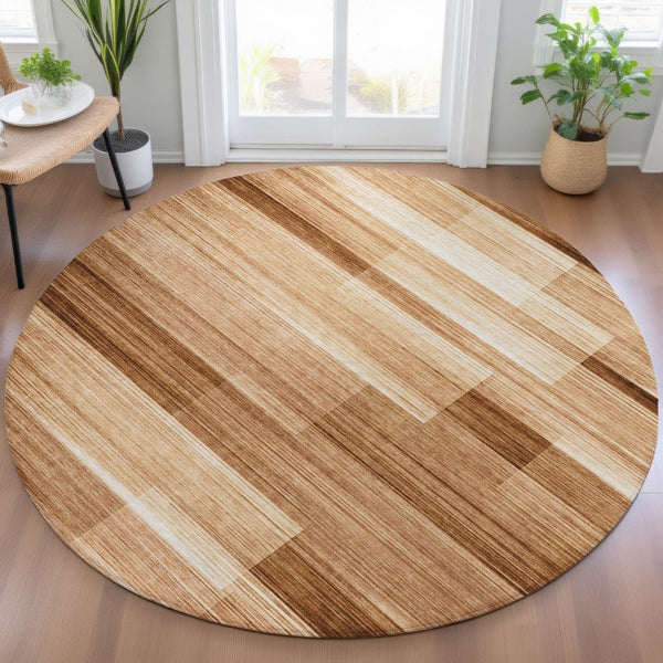 HomeRoots 5' Stylish Rust and Ivory Striped Washable Area Rug for Indoor and Outdoor Spaces, Easy Care! 8' Round 630995