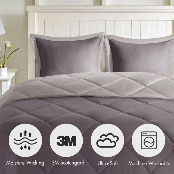 JLA Home Madison Park Essentials - 3M Luxe Diamond Quilted Reversible Comforter Set - Ultra-Soft Microfiber, Down Alternative Fill, Stain & Odor Protection Charcoal/Grey MPE10-616