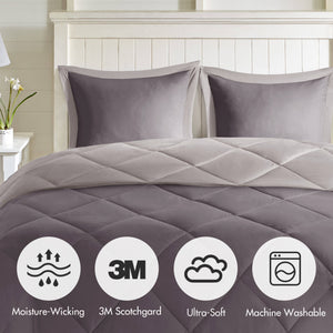JLA Home Madison Park Essentials - 3M Ultra-Soft Quilted Reversible Comforter Set with Diamond Stitching, Stain & Odor Protection, Plush Charcoal/Grey MPE10-614