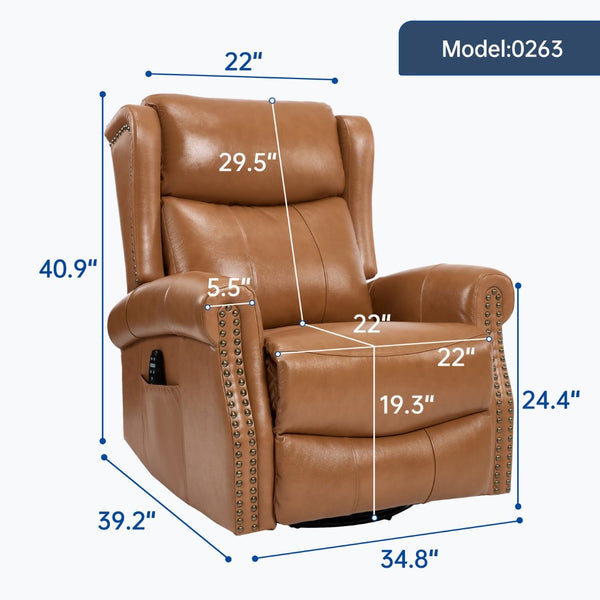 English Elm Heat Massage Swivel Rocker Recliner in Genuine Leather for Living Room Comfort W3224S00013