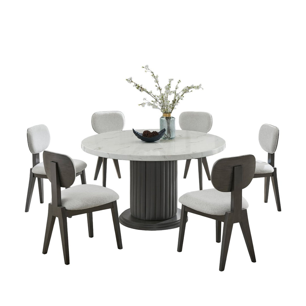 English Elm Venezia Seven Piece Round Faux Marble Dining Set with Sculptural Pedestal and Fabric Chairs B2749S00330