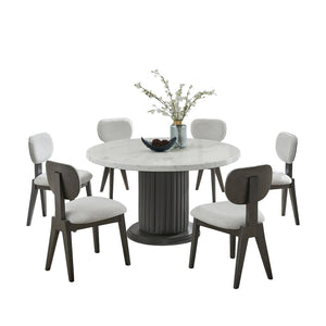 English Elm Venezia Seven Piece Round Faux Marble Dining Set with Sculptural Pedestal and Fabric Chairs B2749S00330