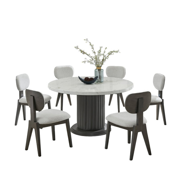 English Elm Venezia Seven Piece Round Faux Marble Dining Set with Sculptural Pedestal and Fabric Chairs B2749S00330
