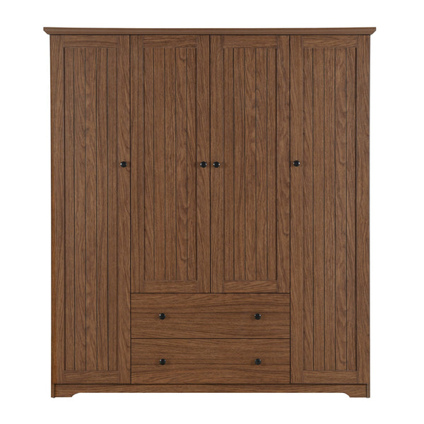 English Elm 4 Door Wardrobe Armoire Closet with 2 Drawers Rustic Pine & MDF Storage Cabinet with Shelves and Hanging Space Brown N7090001842D
