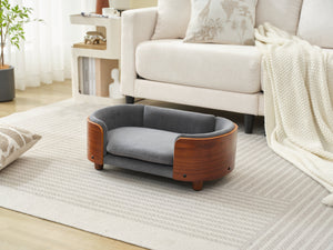 English Elm Scandinavian Elevated Pet Sofa Bed with Walnut Bent Wood Back, Velvet Stain-Resistant Fabric, Cozy Rest Dark Gray W794125914