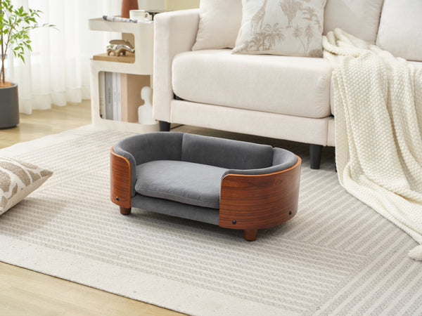 English Elm Scandinavian Elevated Pet Sofa Bed with Walnut Bent Wood Back, Velvet Stain-Resistant Fabric, Cozy Rest Dark Gray W794125914