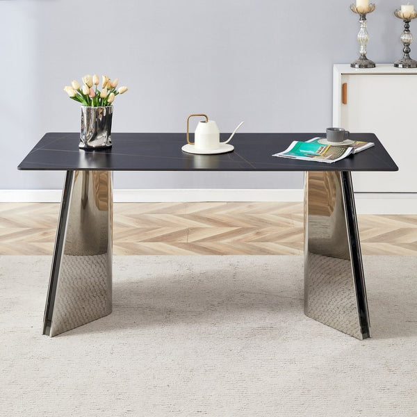 English Elm 63"x31.5x30" Marble Slab Rectangular Dining Table with Sculptural Butterfly Stainless Legs Black,Silver W1151S04576