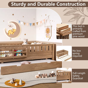 English Elm Twin Kids Platform Bed with Trundle Staircase Bookshelf and Rounded Safety Rails Natural W1580S00558