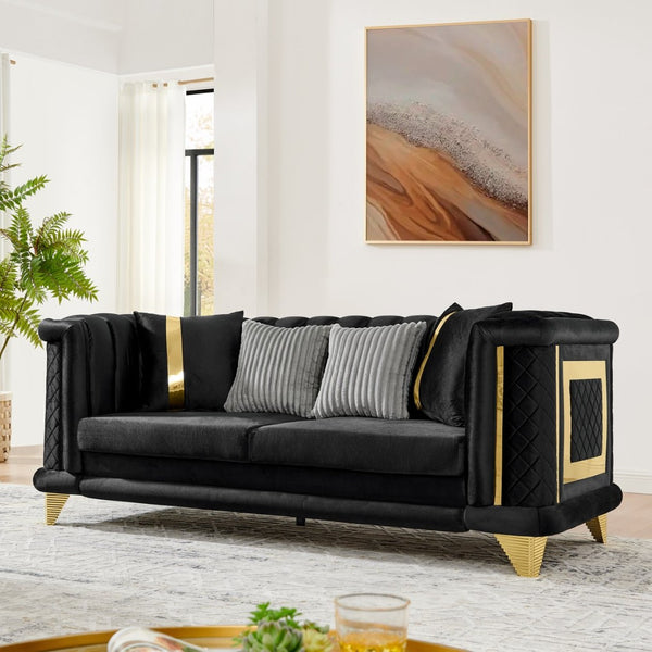 English Elm 89 Inch Italian Velvet Tufted Sofa Gold Steel Trim Victorian Glam Living Room Couch W1191S00051