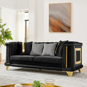 English Elm 89 Inch Italian Velvet Tufted Sofa Gold Steel Trim Victorian Glam Living Room Couch W1191S00106