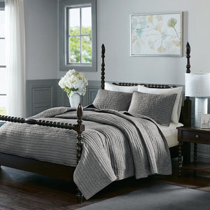 JLA Home Madison Park Signature - 3 Hand-Quilted Cotton Quilt Set - Oversized, Breathable Voile, Lightweight Year-Round Comfort & Texture Grey MPS13-272