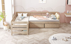 English Elm Twin L-Shaped Platform Bed with Three Spacious Drawers, Solid Pine & MDF, Clean-Lined Design Natural N7090000468N