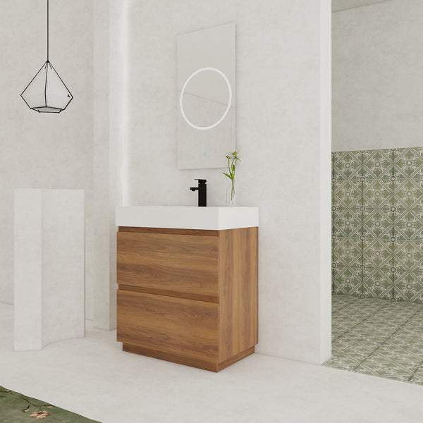 English Elm 30" Modern Bathroom Vanity With Undermount Sink, Double Drawer Storage & Waterproof Finish In Brown W1972S00007