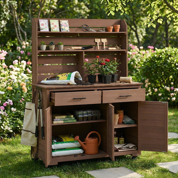 English Elm (assembly Video) Topmax Solid Fir Outdoor Potting Bench Grill Cart with Hutch Storage Brown N717P404333D
