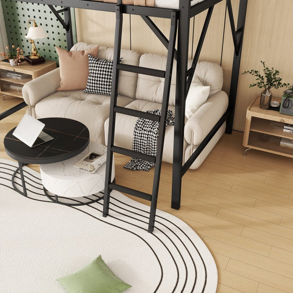 English Elm Queen Size Metal Loft Bed with Ladder and Built-In Storage Shelves, Sturdy High Bed for Teens 99" Black W2580P379983