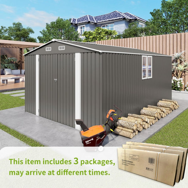 English Elm 10x14 Ft Galvanized Steel Outdoor Storage Shed with Lockable Doors and Vented Window W3213S00005