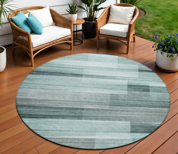 HomeRoots 5' Stylish Teal Blue and Ivory Striped Area Rug – Machine Washable for Indoor & Outdoor Use 8' Round 631001