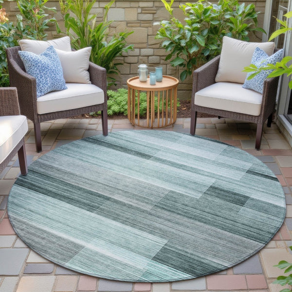 HomeRoots 5' Stylish Teal Blue and Ivory Striped Area Rug – Machine Washable for Indoor & Outdoor Use 8' Round 631001
