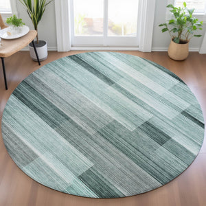 HomeRoots 5' Stylish Teal Blue and Ivory Striped Area Rug – Machine Washable for Indoor & Outdoor Use 8' Round 631001