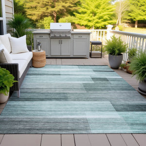 HomeRoots 5' Stylish Teal Blue and Ivory Striped Area Rug – Machine Washable for Indoor & Outdoor Use 9' X 12' 631003