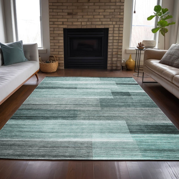 HomeRoots 5' Stylish Teal Blue and Ivory Striped Area Rug – Machine Washable for Indoor & Outdoor Use 9' X 12' 631003
