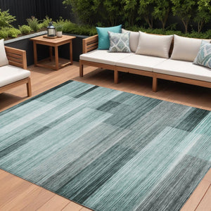 HomeRoots 5' Stylish Teal Blue and Ivory Striped Area Rug – Machine Washable for Indoor & Outdoor Use 10' X 14' 631004
