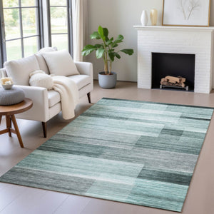 HomeRoots 5' Stylish Teal Blue and Ivory Striped Area Rug – Machine Washable for Indoor & Outdoor Use 10' X 14' 631004