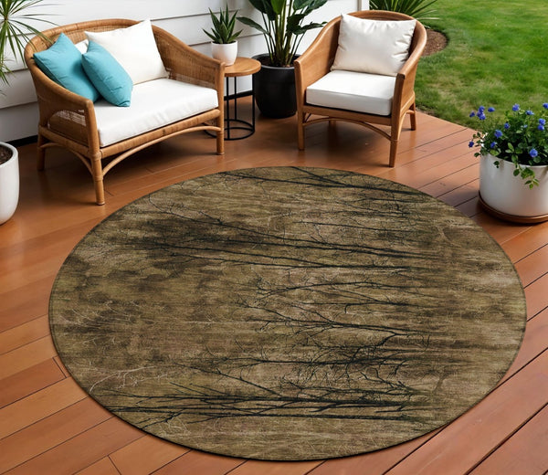 HomeRoots 5' Brown and Charcoal Floral Area Rug - Durable, Washable Design for Indoor and Outdoor Spaces 8' Round 631007