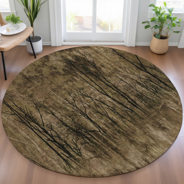 HomeRoots 5' Brown and Charcoal Floral Area Rug - Durable, Washable Design for Indoor and Outdoor Spaces 8' Round 631007