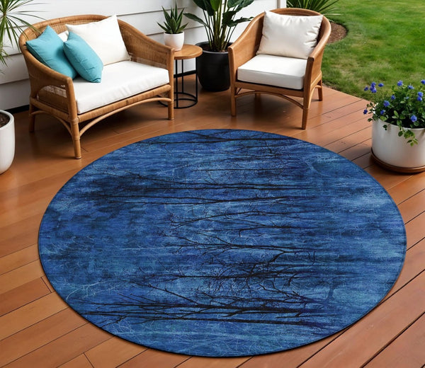 HomeRoots 5' Blue and Charcoal Floral Area Rug - Durable, Washable, and Versatile for Indoor or Outdoor Use 8' Round 631013