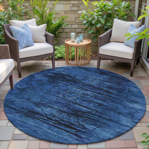 HomeRoots 5' Blue and Charcoal Floral Area Rug - Durable, Washable, and Versatile for Indoor or Outdoor Use 8' Round 631013