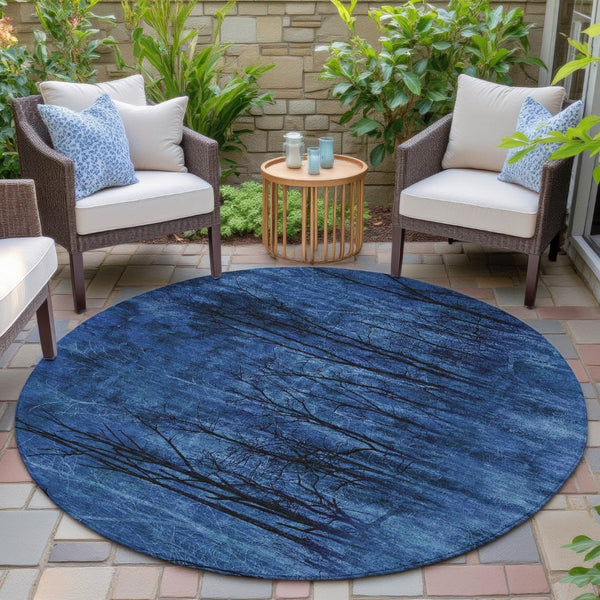 HomeRoots 5' Blue and Charcoal Floral Area Rug - Durable, Washable, and Versatile for Indoor or Outdoor Use 8' Round 631013
