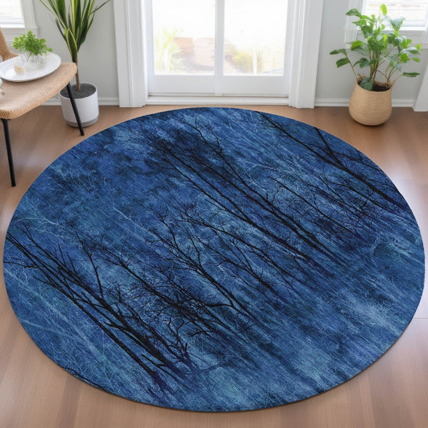 HomeRoots 5' Blue and Charcoal Floral Area Rug - Durable, Washable, and Versatile for Indoor or Outdoor Use 8' Round 631013