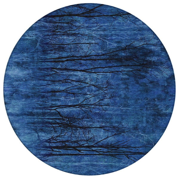 HomeRoots 5' Blue and Charcoal Floral Area Rug - Durable, Washable, and Versatile for Indoor or Outdoor Use 8' Round 631013