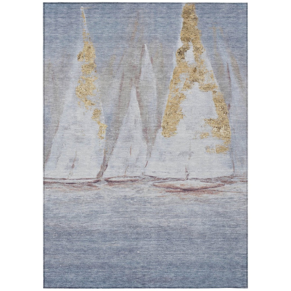 HomeRoots 5' Blue and Gold Nautical Area Rug – Washable, Stain-Resistant, Perfect for Indoor and Outdoor Spaces! 5' X 8' 631030