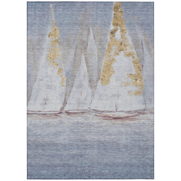 HomeRoots 5' Blue and Gold Nautical Area Rug – Washable, Stain-Resistant, Perfect for Indoor and Outdoor Spaces! 5' X 8' 631030