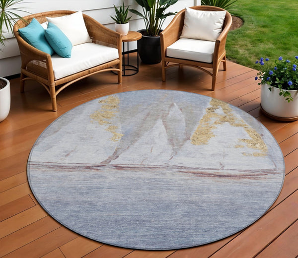 HomeRoots 5' Blue and Gold Nautical Area Rug – Washable, Stain-Resistant, Perfect for Indoor and Outdoor Spaces! 8' Round 631031