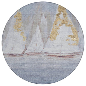 HomeRoots 5' Blue and Gold Nautical Area Rug – Washable, Stain-Resistant, Perfect for Indoor and Outdoor Spaces! 8' Round 631031