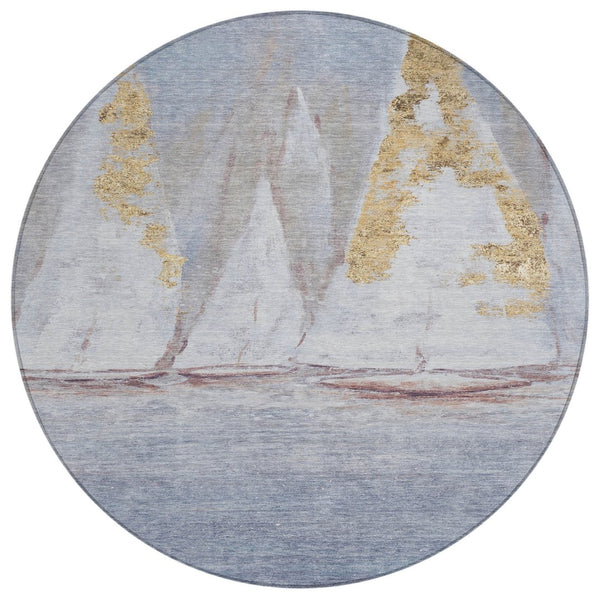 HomeRoots 5' Blue and Gold Nautical Area Rug – Washable, Stain-Resistant, Perfect for Indoor and Outdoor Spaces! 8' Round 631031