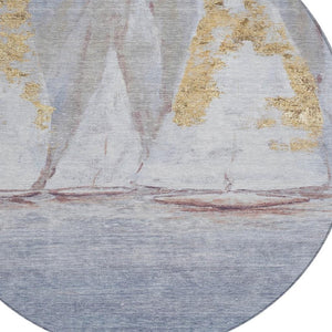 HomeRoots 5' Blue and Gold Nautical Area Rug – Washable, Stain-Resistant, Perfect for Indoor and Outdoor Spaces! 8' Round 631031
