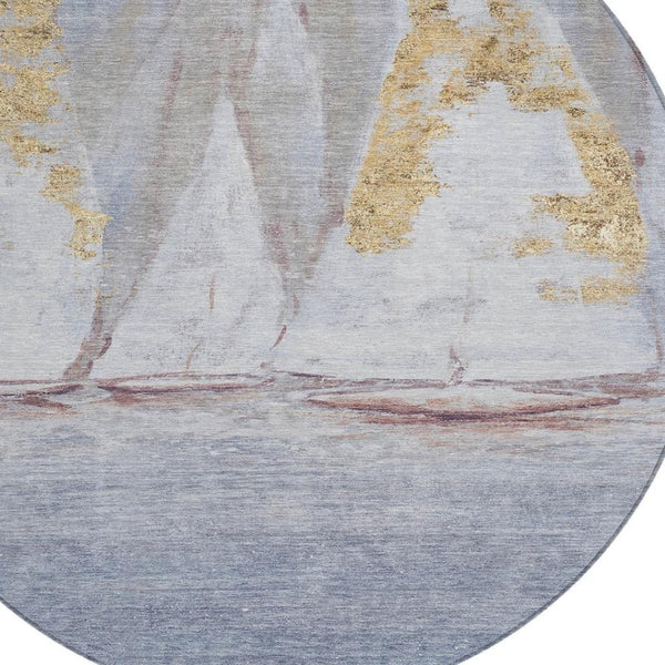 HomeRoots 5' Blue and Gold Nautical Area Rug – Washable, Stain-Resistant, Perfect for Indoor and Outdoor Spaces! 8' Round 631031