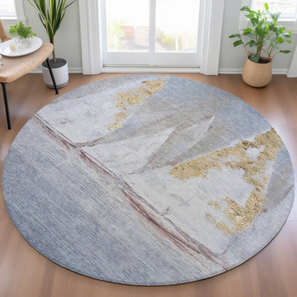 HomeRoots 5' Blue and Gold Nautical Area Rug – Washable, Stain-Resistant, Perfect for Indoor and Outdoor Spaces! 8' Round 631031