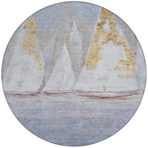 HomeRoots 5' Blue and Gold Nautical Area Rug – Washable, Stain-Resistant, Perfect for Indoor and Outdoor Spaces! 8' Round 631031
