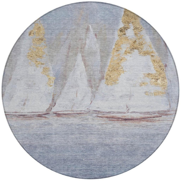 HomeRoots 5' Blue and Gold Nautical Area Rug – Washable, Stain-Resistant, Perfect for Indoor and Outdoor Spaces! 8' Round 631031
